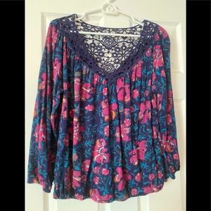 Lucky Brand Navy Cotton Top with Crocheted v-neck